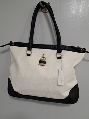 Charming Charlie White Pebbled Tote Black Trim NWT